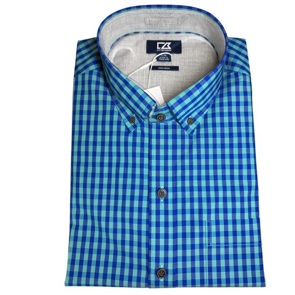 Cutter & Buck Men Non Iron Long Sleeve Shirt Checkered Teal Blue Large NWT - Picture 1 of 6